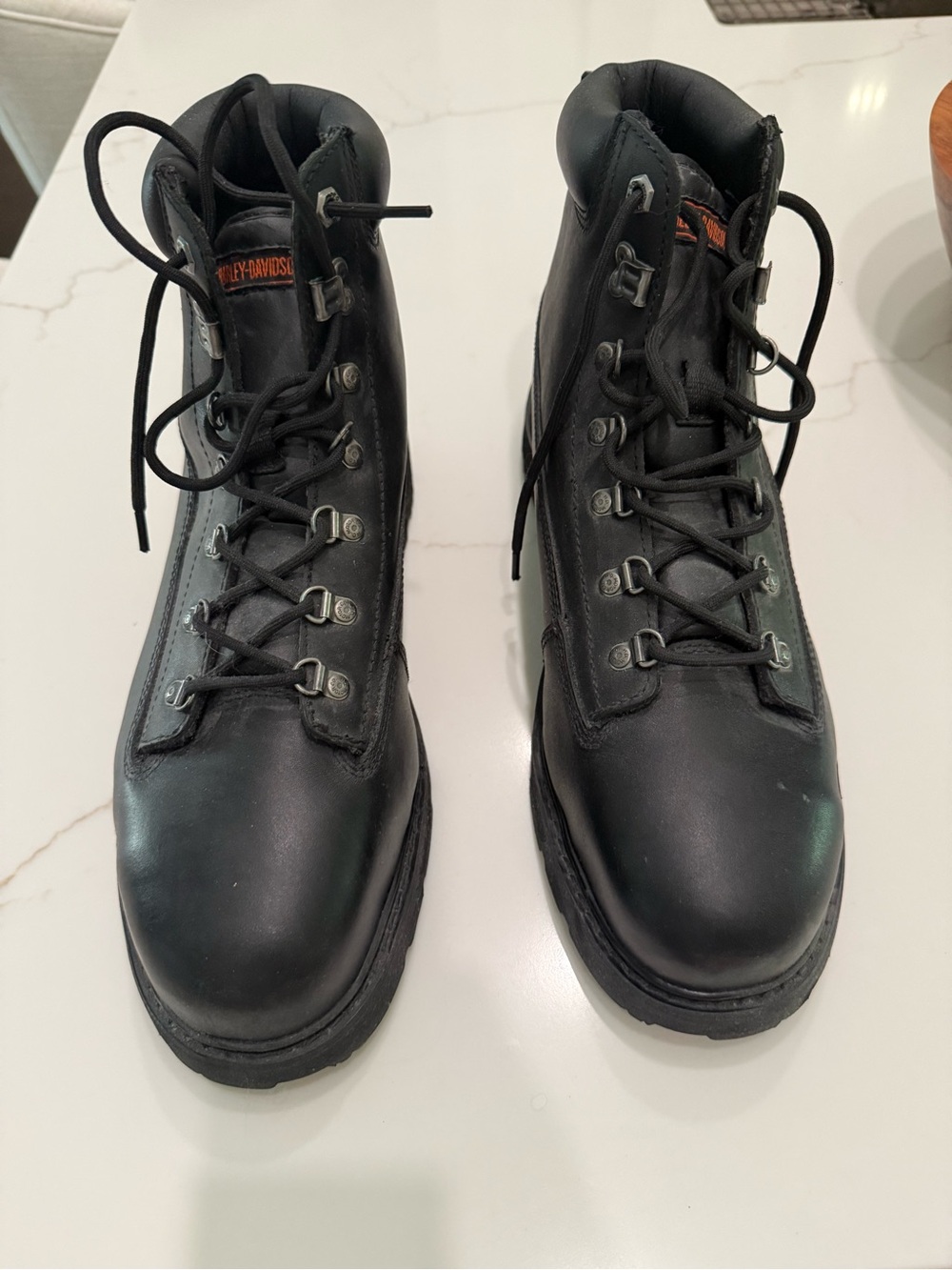 Harley-Davidson Black Leather Lace-Up Work Boots with Orange Accent